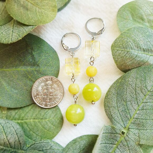 Lime Green Jade Stone Earrings, Geometric Boho Earrings, Y2K Retro Earrings - Picture 6 of 8